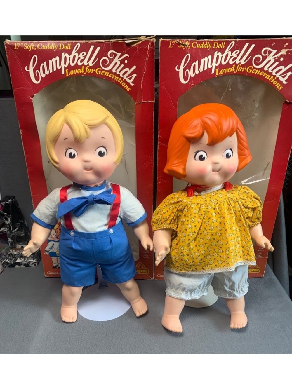 Campbell Kids Boy & Girl Vintage 18" Soft Dolls In Boxes Red/Blue Outfits